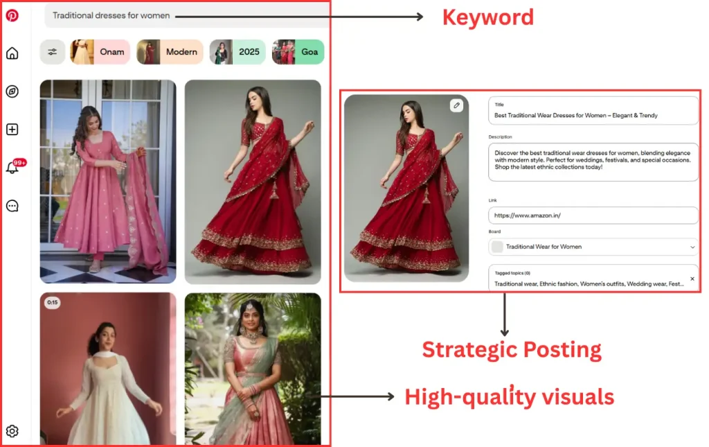 Pinterest SEO keyword strategy for boosting product sales with relevant keywords, high-quality visuals, and strategic posting practices